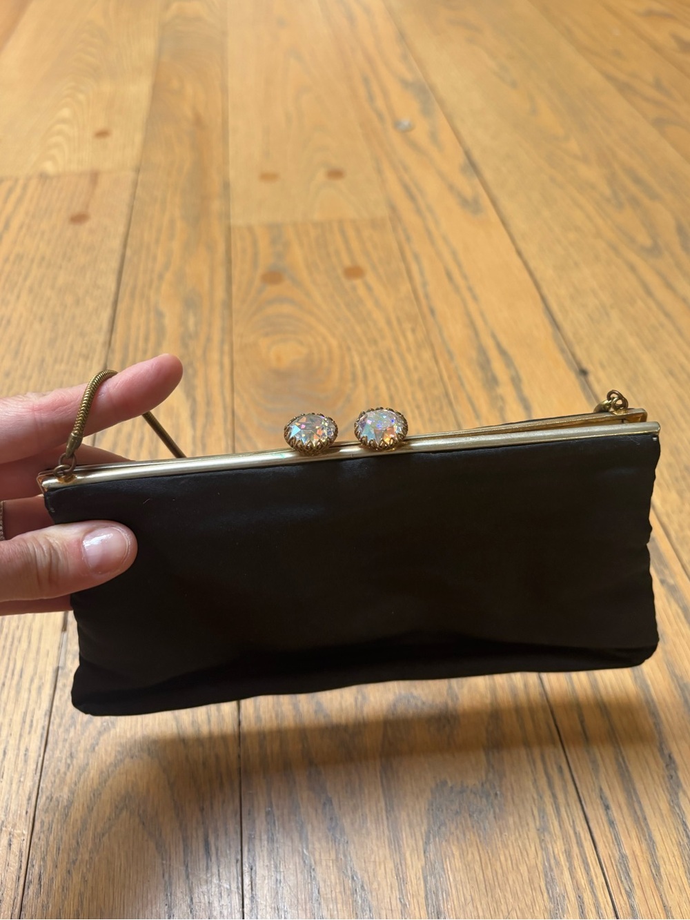 Vintage Birks Black Satin Evening Clutch with Crystal Kiss-Lock
